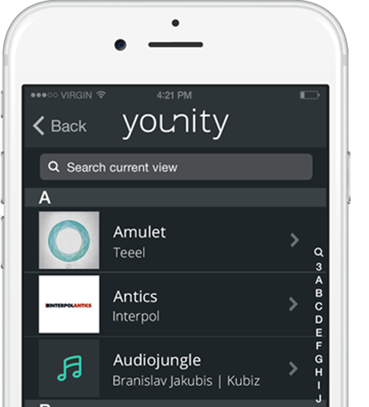 iPhone with younity music menu UI