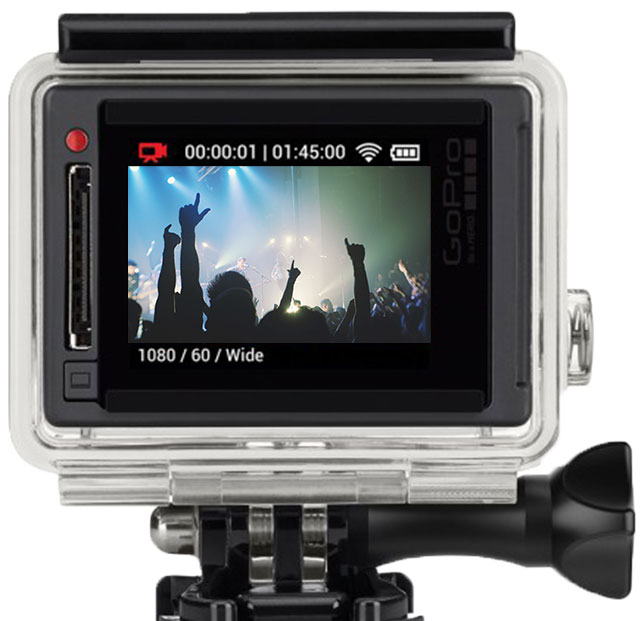 gopro with image of people in concert on screen