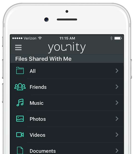 iPhone with younity main menu UI