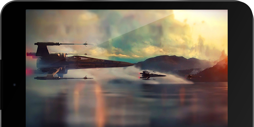tablet with still from the movie Star Wars: The Force Awakens